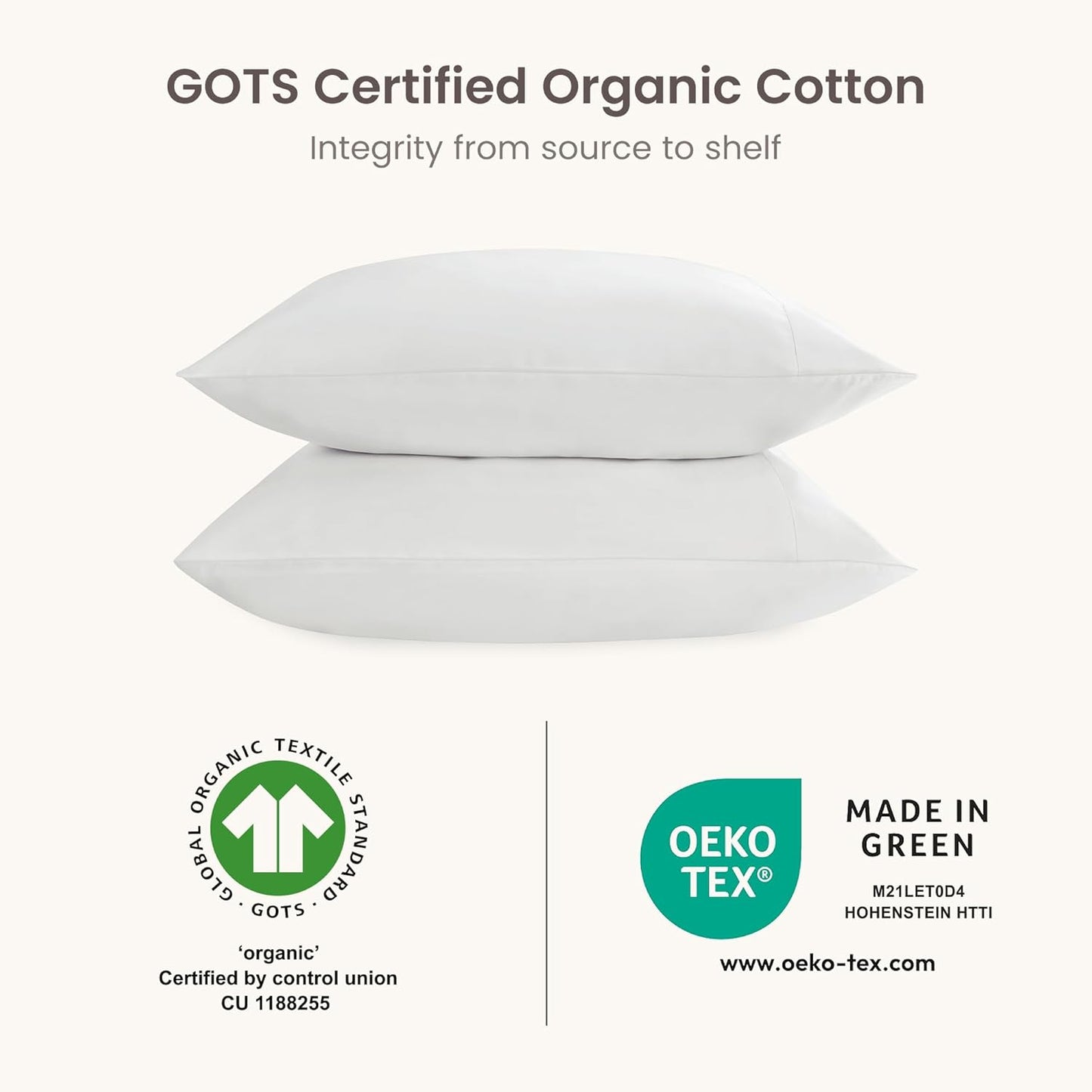 Bioweaves 100% Organic Cotton Envelope Pillow Cases 300 Thread Count Soft Sateen Weave GOTS Certified – 20 X 37, Set of 2, White