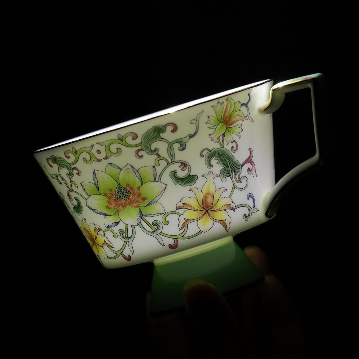 KAMMAK Ceramic Coffee Cups Saucers Set of 2, Porcelain Espresso Cups with Saucers, 8.12 oz Handcrafted Elegant Bone China Tea Cups, Lotus Floral Pattern Teacup for Party, Office, Women Gift