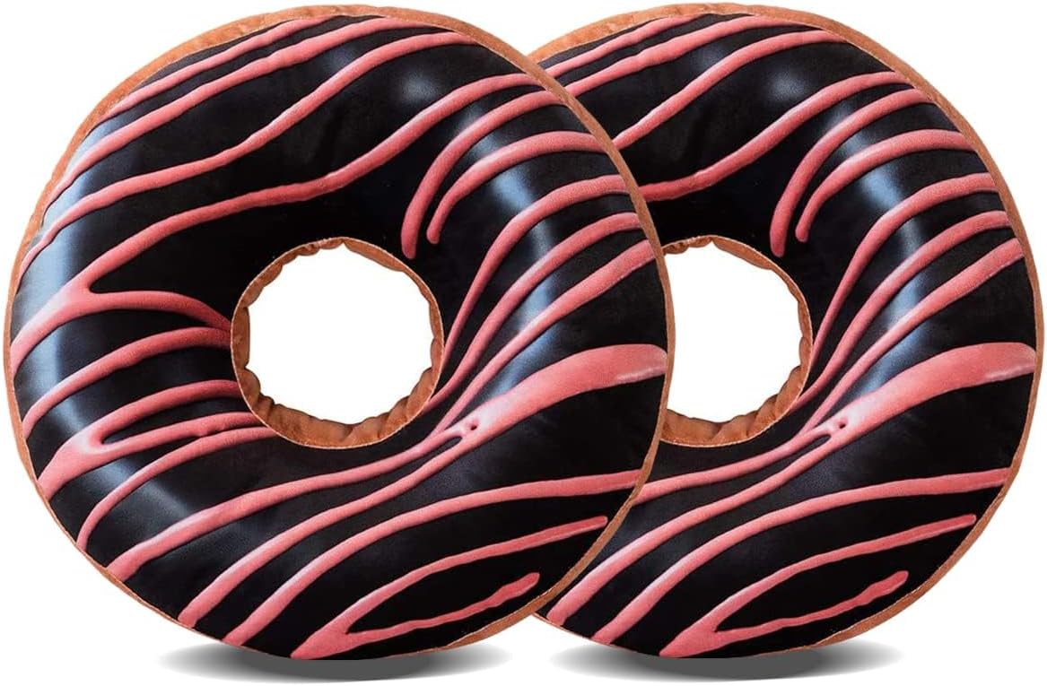 HYSEAS Round Throw Pillow 14 Inch Chocolate Pink Donut, 2 Pack 3D Digital Print, Decorative Plush Funny Food Shaped Seat Cushion, for Couch, Chair, Floor, Sofa