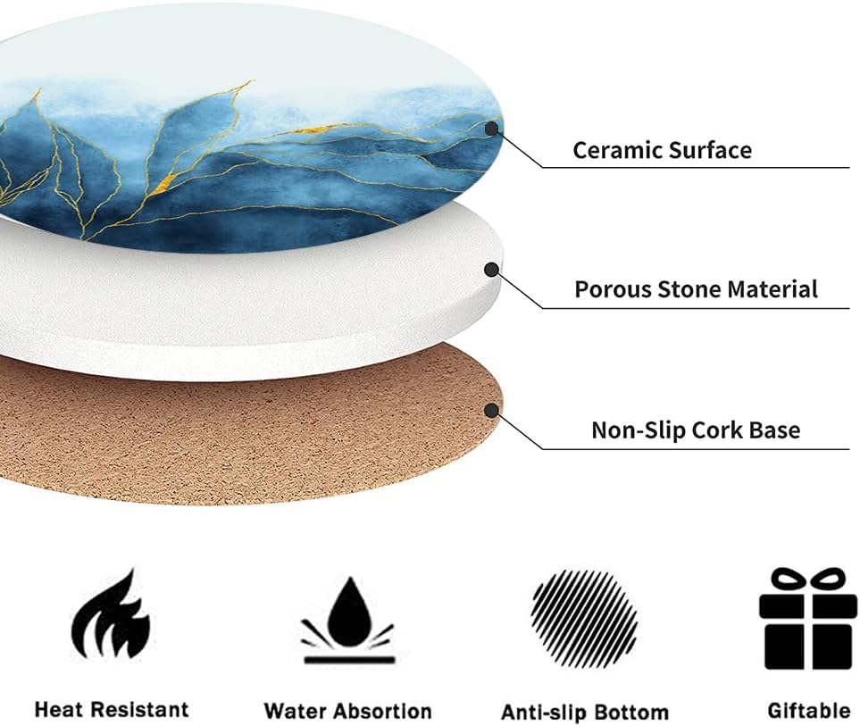 LOKMU Coasters for Drinks,Round Absorbent Ceramic Stone Coaster Sets of 6 with Metal Holder Stand,Blue Paint and Golden Shiny Veins Coasters with Cork Base for Coffee Wooden Table,Housewarming Gifts