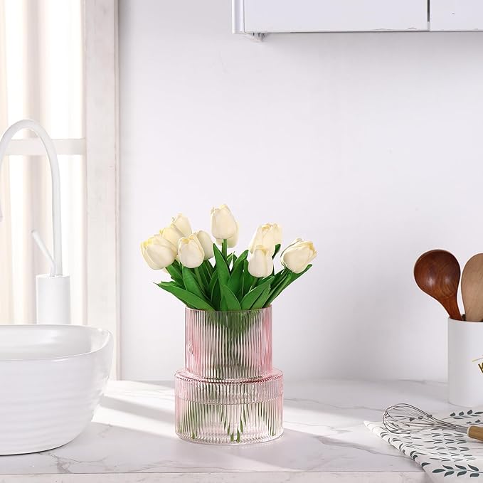 Pink Glass Vase, Ribbed Glass Vase for Tulips, Flower Vases for Bouquet, Pink Modern Vases for Living Room, Dining Table, Entryway, Mantle, Shelf, Wedding, Office, 7.5 Inches