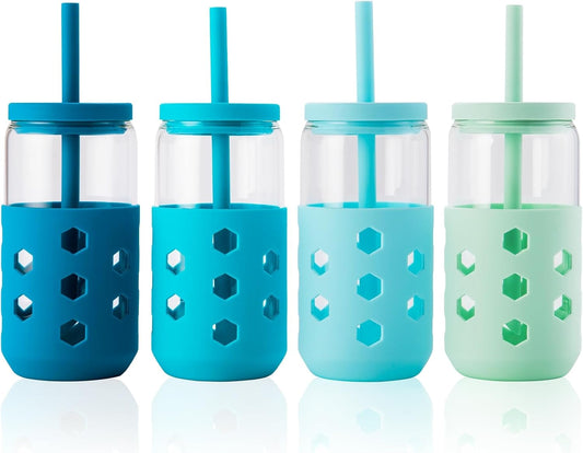 Glass Cups with Silicone Lids and Straws (4 Pcs), 16oz Drinking Glasses Set with Silicone Sleeves for Coffee Bar Accessories Iced Coffee Cups with Lids, Glass Tumbler Reusable for Gifts