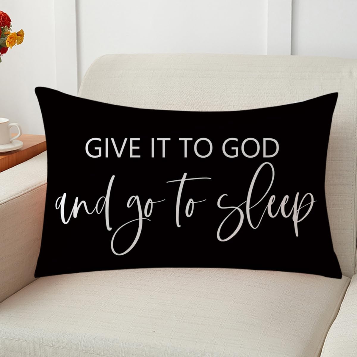 Bedding Decorative Pillowcases Reversible Give It to God and Go to Sleep Cushion Covers Sleep Themed Throw Pillow Covers 12''x20'' for Bedroom Guest Room Housewarming Gifts (Black)