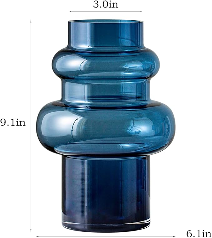 Clear Blue Bubble Glass Flower Vase, Modern Boho Ins Style Vase for Hydroponic Plants Bouquet, for Home Room Office Book Shelf Wedding Table Decor (W 6" X H 9.4")