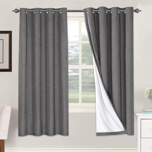 H.VERSAILTEX Linen Blackout Curtains 72 Inches Long 100% Absolutely Blackout Thermal Insulated Textured Linen Look Curtain Draperies Anti-Rust Grommet, Energy Saving with White Liner, 2 Panels, Grey
