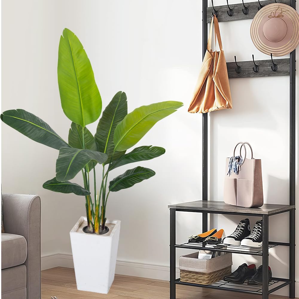 Bird of Paradise Artificial Plant 5FT, Faux Tropical Palm Tree with White Tall Planter, Large Fake Plants in Pot - Artificial Tree for Home Office Living Room Decor Indoor