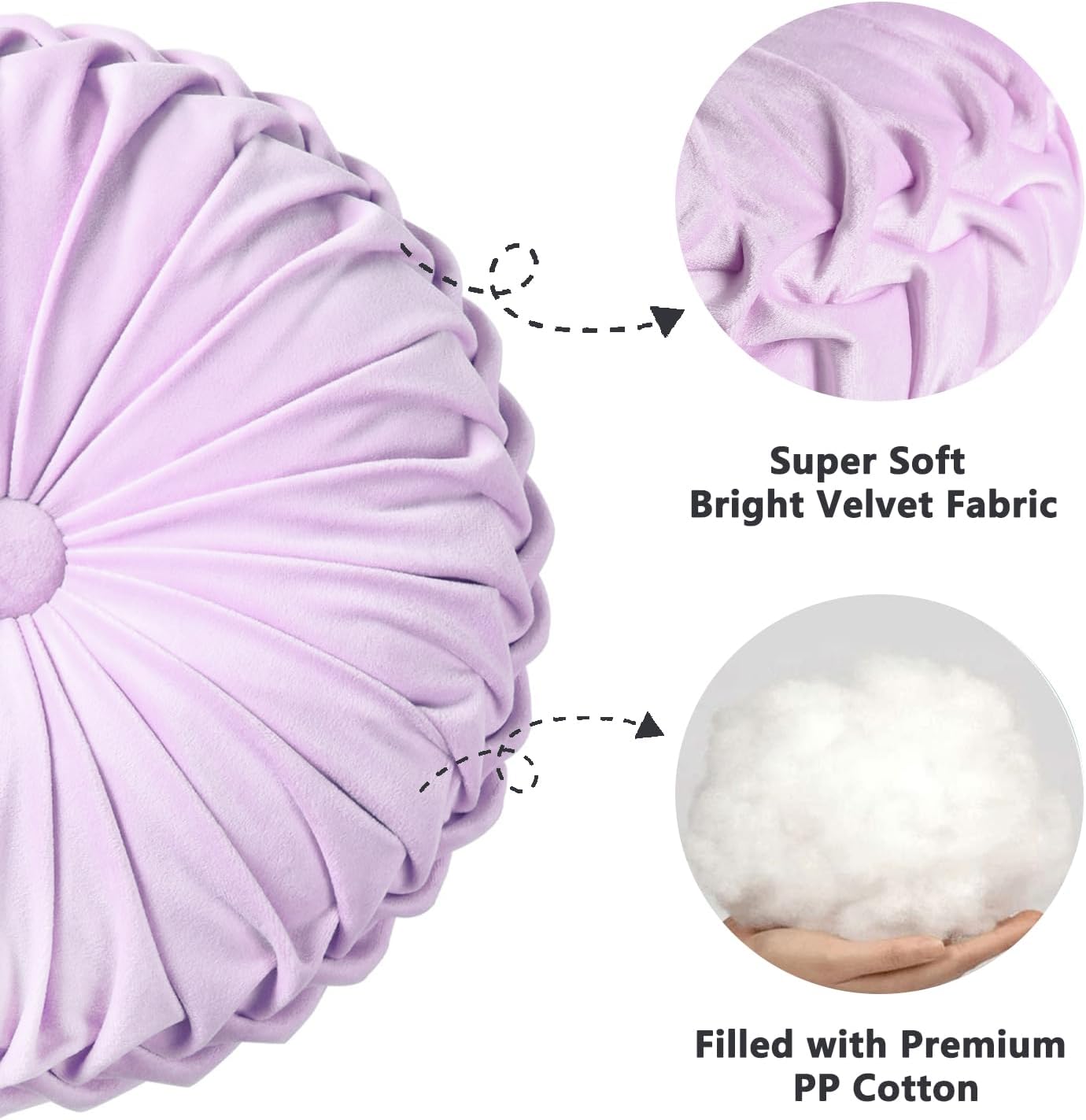 HIG Set of 2 Decorative Round Pleated Throw Pillows,Classy Accent Pumpkin Throw Pillows with Center Button,Vintage Velvet Floor Pillows for Sofa Vanity Chair Bed,Light Purple,14.7" Diameter(Ripple)