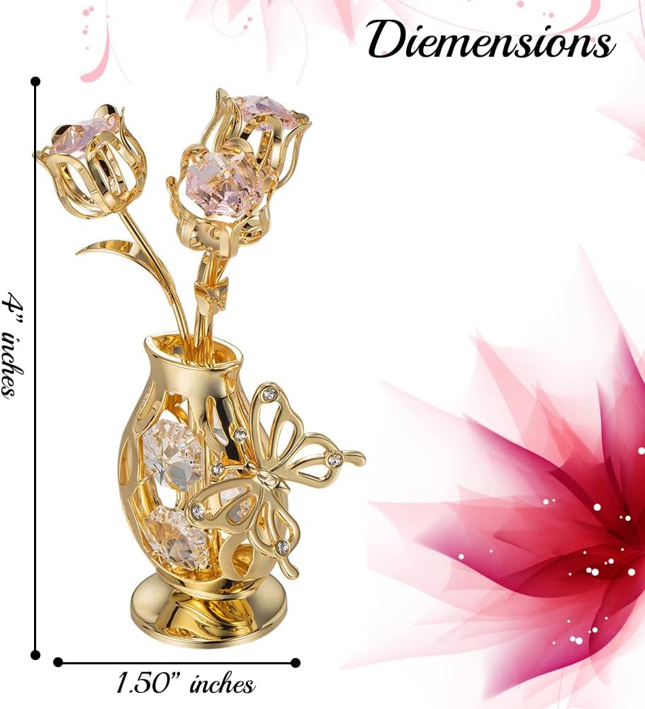 Matashi 24K Gold Plated Crystal Studded Flower Ornament in a Vase w/Decorative Butterfly (Pink Crystals) – Elegant Tabletop Showpiece, Home Decor Gift for Her, Mom, Grandma – Mothers Day, Christmas