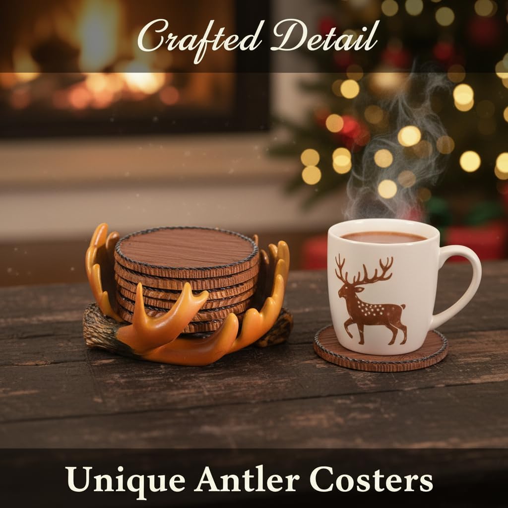 Deer Antler Coasters - 6 Full-Size Rustic Wooden Coasters | Non-Slip for Log Cabin, Hunting, Man Cave, Bar & Farmhouse Decor | Protect Furniture