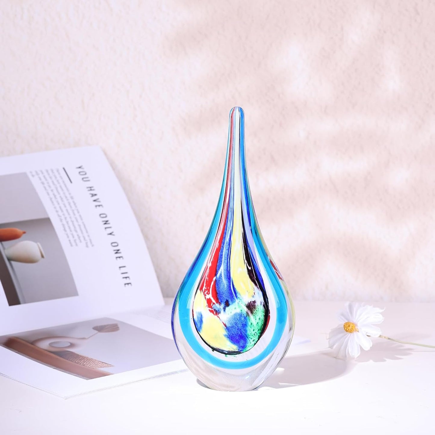 DOVDOV Blown Glass Sculpture, Stained Glass Art Teardrop Statue, Unique Ocean Theme Decoration for Office, Bookshelf, Dresser, Living Room Coffee Table, Fireplace countertop Decoration.