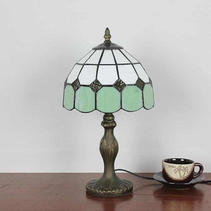 Tiffany Table Lamp 8'', Green Tiffany Style Table Lamp for Bedroom Study Office Home Stained Glass Lamp