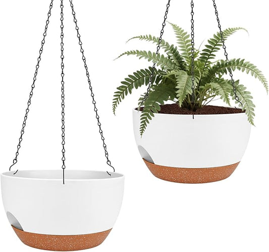 Hanging Planters for Outdoor Indoor Plants, 2 Pack 10 Inch Hanging Basket Plants Outdoor, Self Watering Hanging Planter with Plant Hanger for Garden Home Decoration (White, 10 inch)