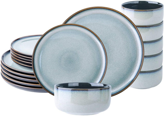 LeRatio Ceramic Dinnerware Sets for 6,Porcelain Plates and Bowls Sets,Handmade Reactive Glaze Dishes Set,Chip Resistant and Scratch Resistant | Oven&Dishwasher & Microwave Safe-Gray White(18PCS)