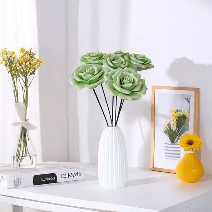 6 pcs Handmade Ceramic Roses,Featuring Vibrant Colors and Intricate Petal Details Floral Decorations Wedding Decoration Christmas Decor Gift Providing Long-Lasting Beauty (Green)