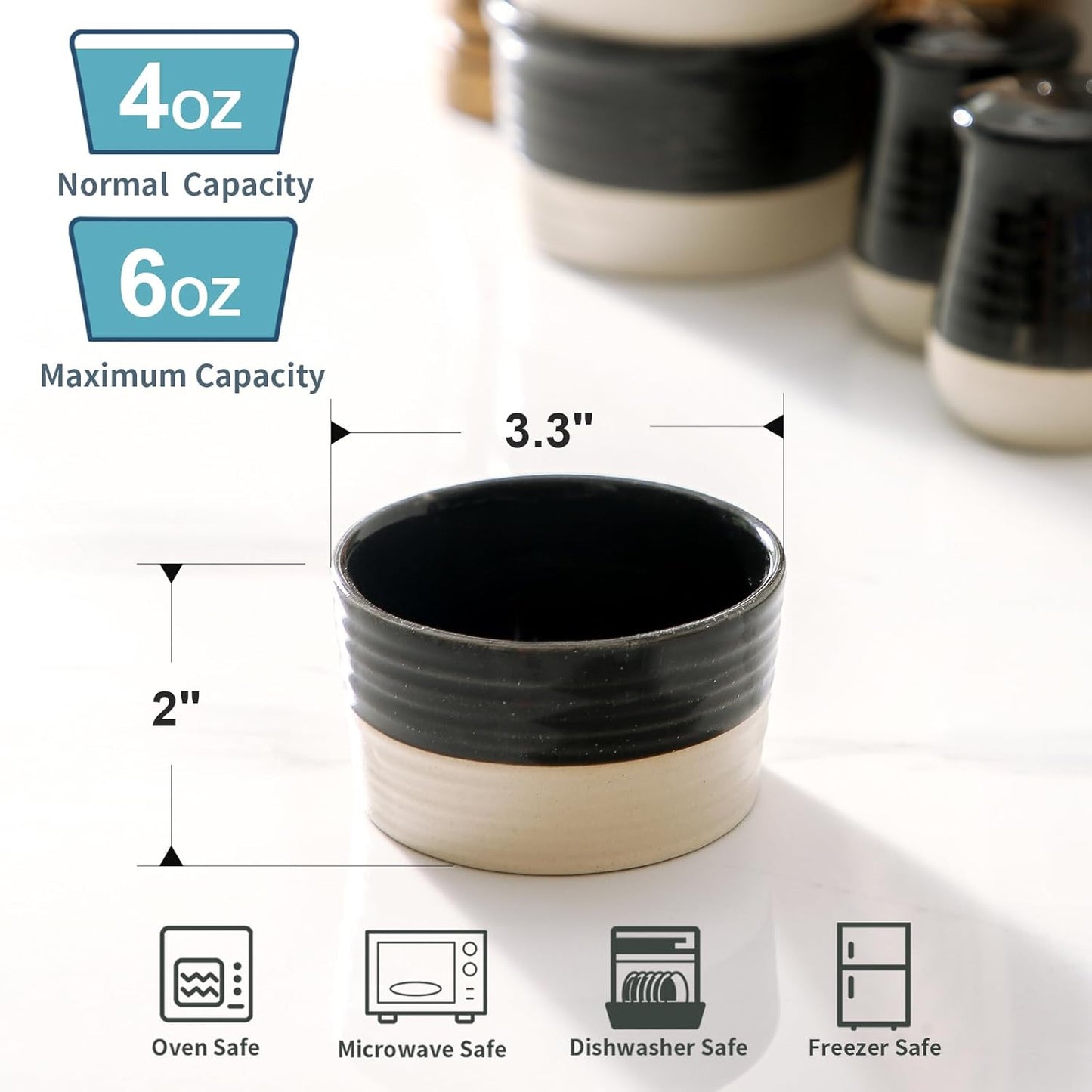 Hasense Ceramic Ramekins 6 oz, Small Ramekins for Creme Brulee Souffle Dishes, Mini Baking Cups Oven Safe for Personal Pudding, Custard, Ice Cream, Dipping, Set of 6, Black