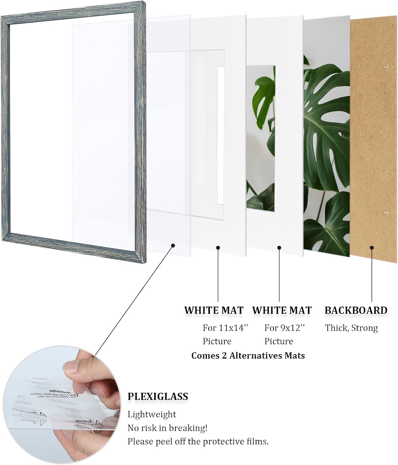 Egofine 12x16 Picture Frames Set of 4, Made of Solid Wood Covered by Plexiglass 9x12 and 11x14 with Mat or 12x16 without Mat, for Wall Mounting Photo Frame Rustic Blue