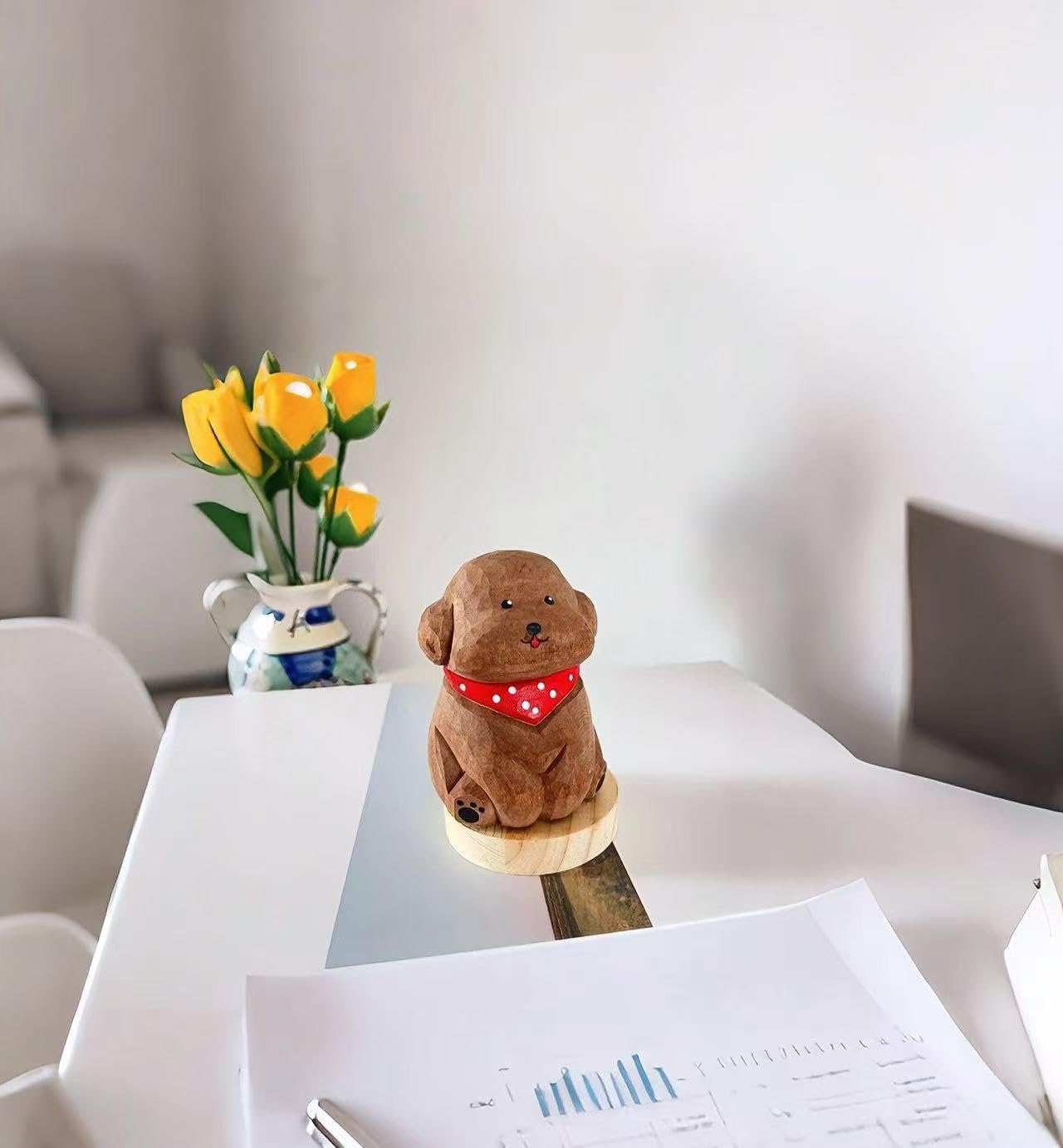 Cute Wood Teddy Dog Figurine, 2.7'Handmade Carved Brown Teddy Statue with Base, Unique Pet Dog Figure Collectibles Home Decor, Gift for Pet Lover