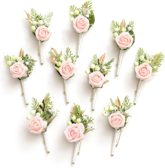 Ling's Moment Boutonniere for Men, 10pcs Groomsmen Guest Boutonniere, Artificial Flowers for Wedding Décor/Prom/Homecoming,etc.Blush Pink