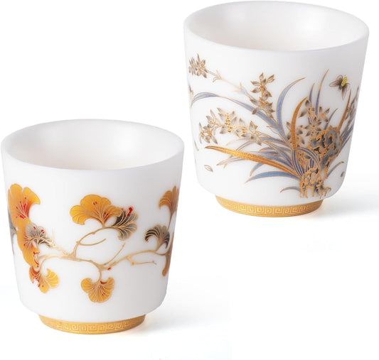 KAMMAK Ceramic Tea Cups Small, Cute Vintage Coffee Cup Set of 2, Porcelain Teacups Espresso Mug, 3.4oz Hand Painted Chinese Afternoon Tea Party Mugs, Birthday Gift for Women Men, Dagao Mouth