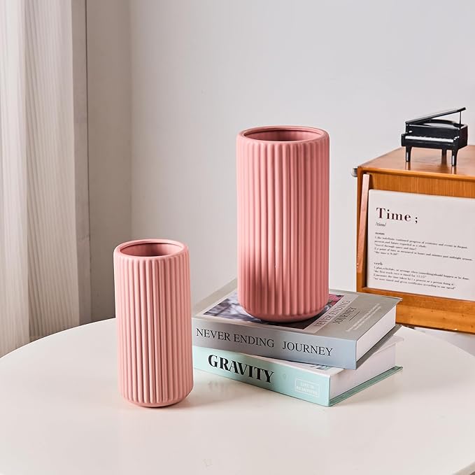 Pink Ceramic Flower Vase for Pampas Grass, 10 inch Large Decorative Centerpiece Ribbed Vase for Dining Table, Office Desktop, Shelf Bookshelf, Mantel, Entryway, Bathroom, Countertop, Farmhouse, Gift