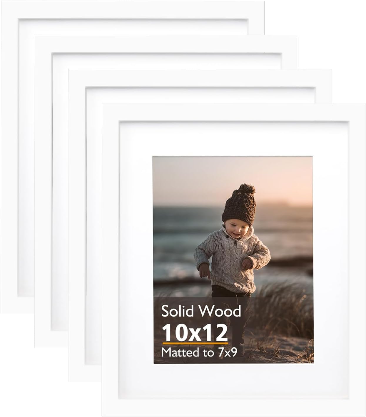 KINLINK 10x12 Picture Frame White, Solid Wood Frames with Acrylic Plexiglass for Pictures 7x9 with Mat or 10x12 without Mat, Tabletop and Wall Display Photo Frame, Set of 4