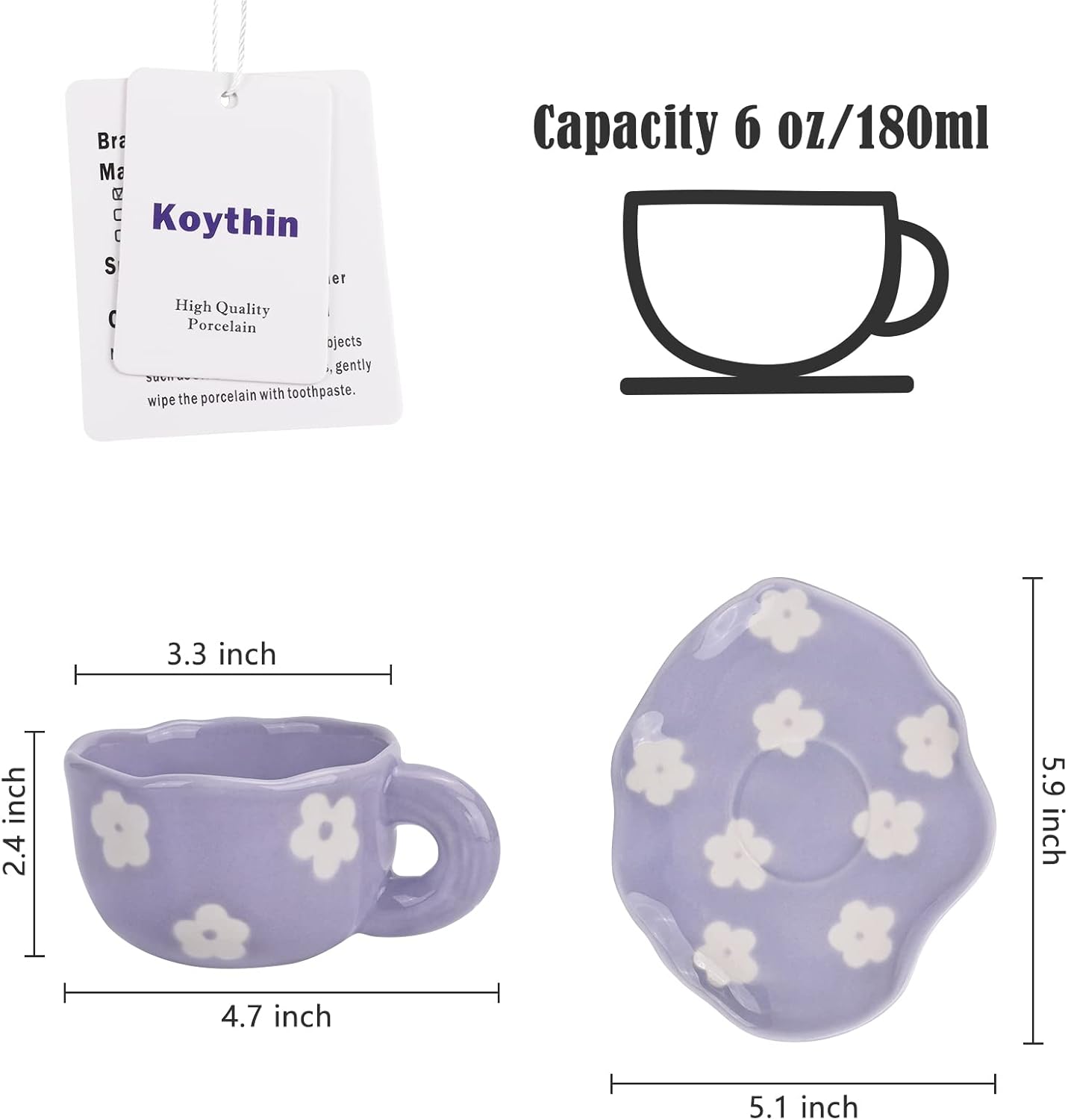 Koythin Ceramic Coffee Mug with Saucer Set, Cute Creative Cup Unique Irregular Saucer Design for Office and Home, 6 oz/180 ml for Latte Tea Milk (Purple Flower)