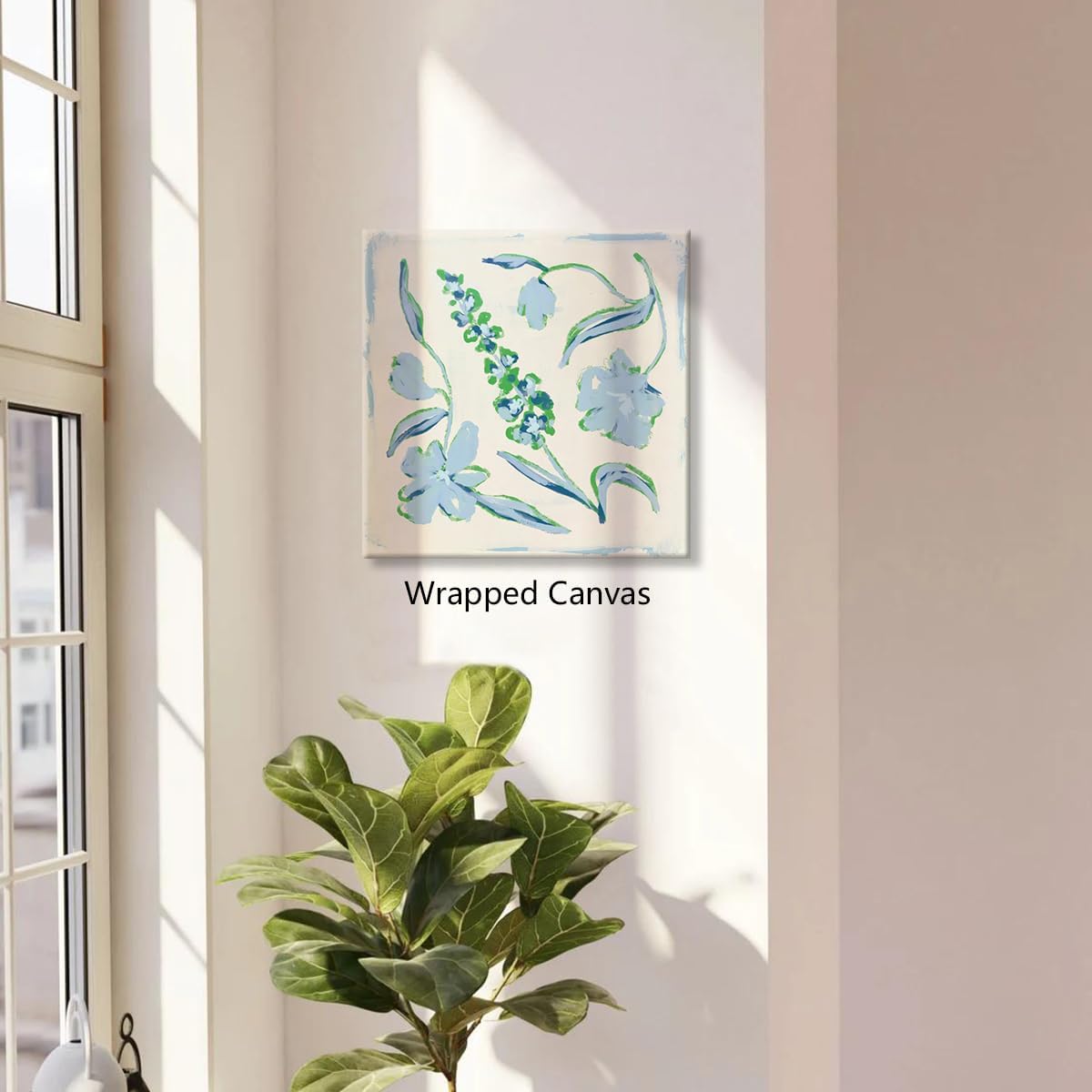 Flower Canvas Wall Art, Blue and Green Floral Aesthetic Poster, Chinoiserie Watercolor Botanical Print, Coastal Grandma Modern Southern Grandmillennial Plant Painting for Wall 16x16in Framed