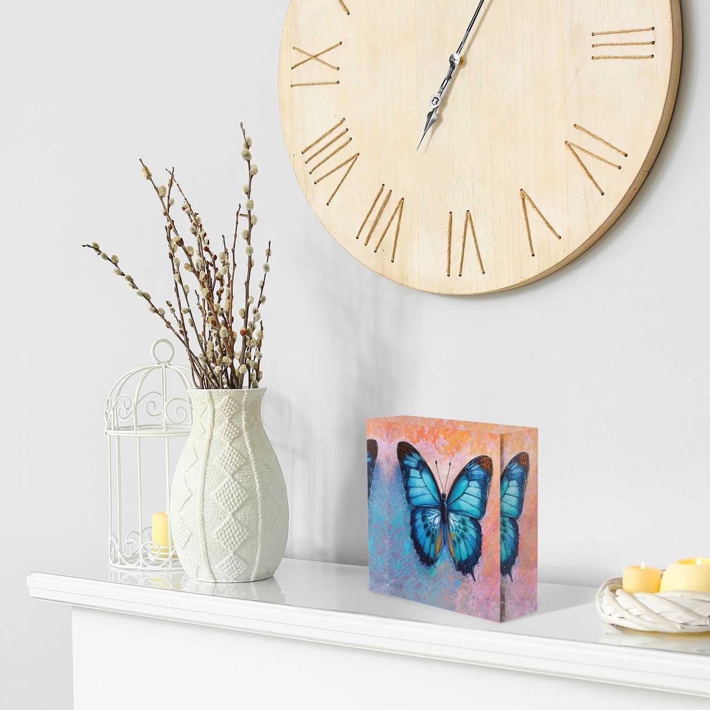 NOHSHE Acrylic Desk Decor - Oil Painting of Blue Butterfly - 4x4 Tabletop Wall Sign - Appreciation & Housewarming Presents for Coworkers & Friends