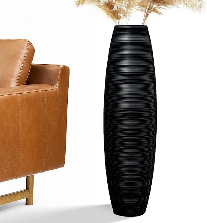Tall Floor Vase, 27.5 inches (70cm, 2.3FT) Floor Vase Sturdy, Luxury, Textured for Decorative Branches Dried Flowers, Tall Vases for Rustic Living Room, Home Decor, Resin Black Vases
