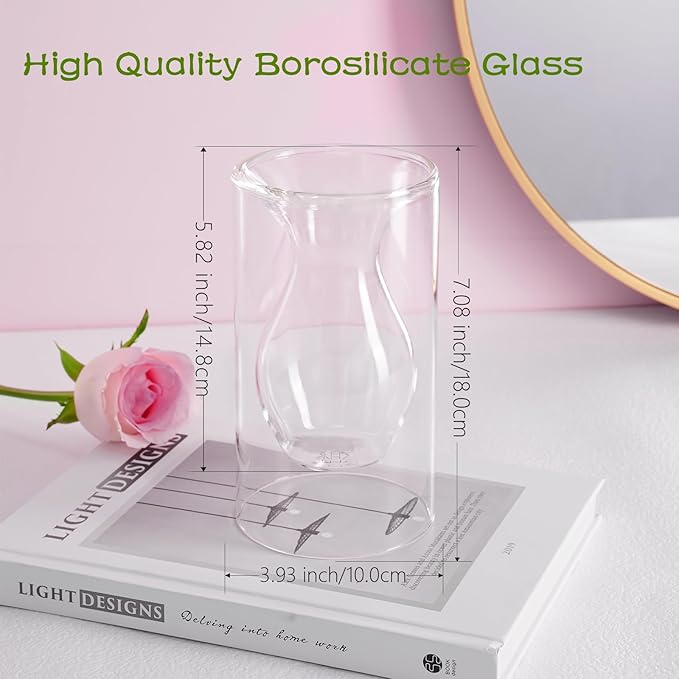 ZENS Unique Small Flower Vase, Modern Double Hollow Clear Glass Vase, Floating Decorative Vase Hand Blown Cool Bud Vase for Home Small Bouquet, Wedding Centerpieces