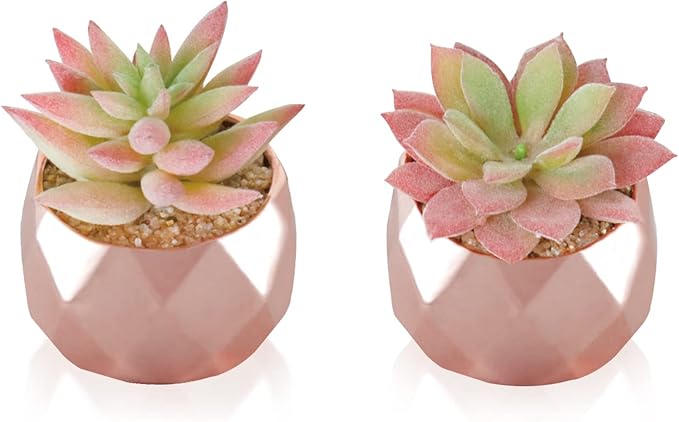 Tiita Artificial Faux Succulents in Pots, Mini Rose Gold Fake Plants for Women Desk, Small Realistic Faux Succulents for Home Office Accessories Window Sill Bathroom Bedroom, Rose Gold