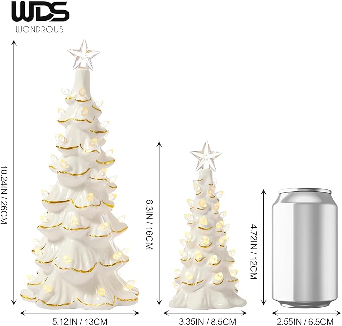 WDS WONDROUS Ceramic Christmas Tree Tabletop - White and Gold Accents 2PCS Table Top Christmas Trees with Lights Prelit - Small Xmas Tree Figurines Home Mantel Desk Centerpieces