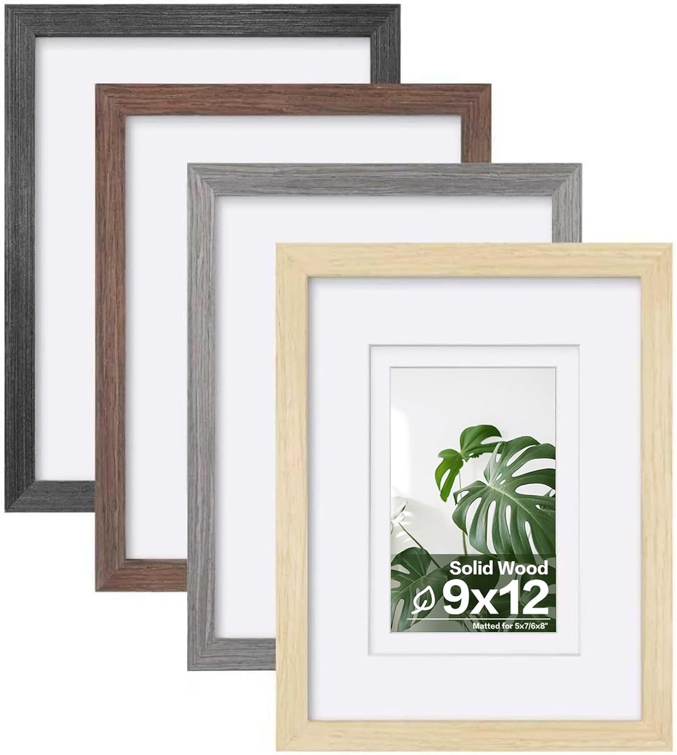 Egofine 9x12 Picture Frame Set of 4, Made of Solid Wood Multicolor Photo Frames Covered by Plexiglass 5x7 and 6x8 with Mat or 9x12 without Mat, for Table Top Display and Wall Mounting Mixed Colors