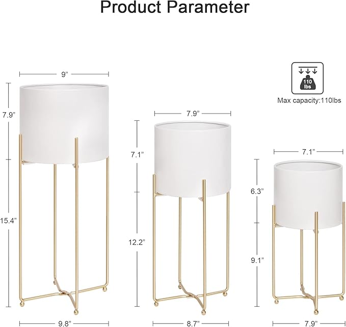 Floor Standing White Planters with Gold Stands for Indoor Plants, Large Metal Plant Pots Set of 3, Tall Planters for Mid Century Modern Living Room, Corner, Patio (Diameter 9/8/7 inches)