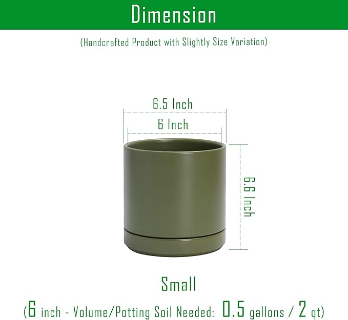 D'vine Dev 6.5 Inch Ceramic Planter Pot with Drainage Hole and Saucer, Indoor Cylinder Round Planter Pot, Olive, 94-O-C-J