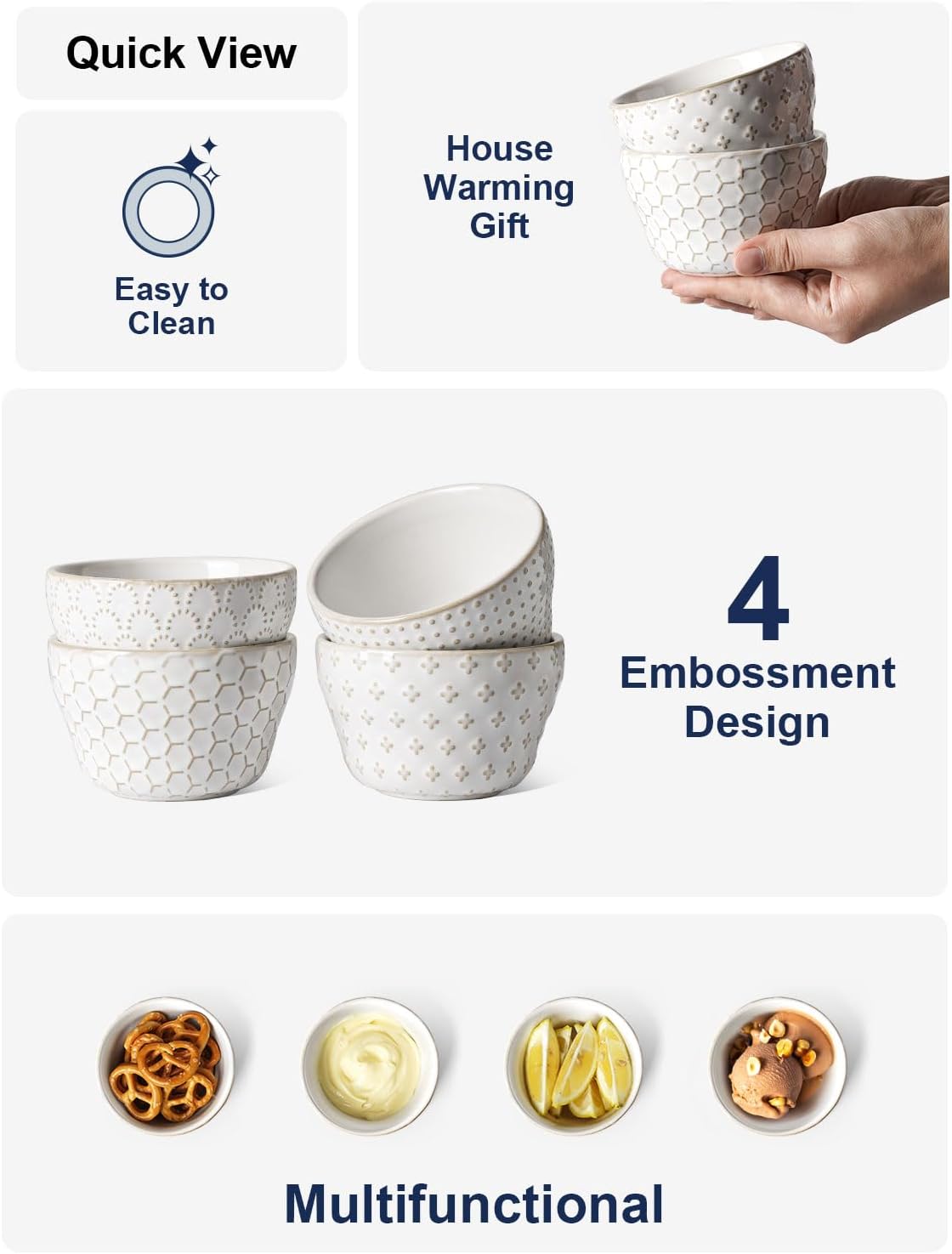 LE TAUCI Small Bowls 8 oz, Dessert Bowl, Ice Cream Bowl for Chili Dipping Sauce Coffee Bouillon, Ceramic Soup Cups - 4 inch, Set of 4, Arctic White