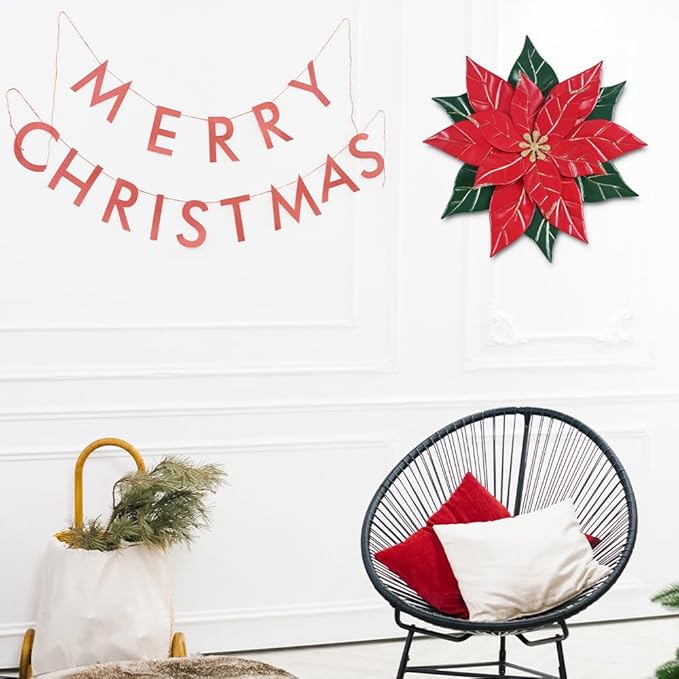 YEAHOME Chrismas Wall Decorations Indoor - 16 inch Metal Flower Wall Art Decor, Poinsettia Yard Garden Decor Hanging for Kitchen, Bathroom, Bedroom, Handmade Gift for Home, Indoor or Outdoor