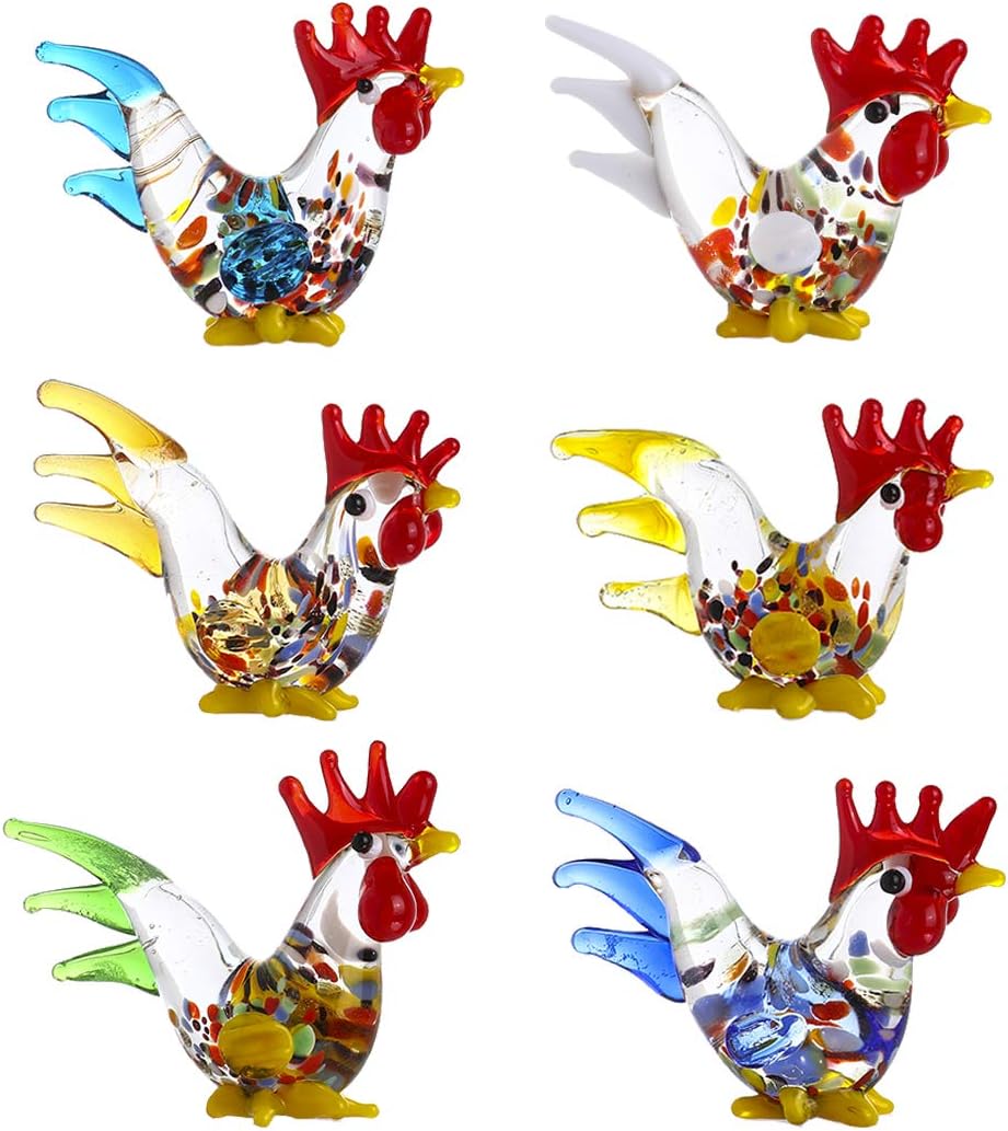 HDCRYSTALGIFTS 6pcs Glass Rooster Chicken Figurine Country Kitchen Decoration Style Miniature Hand Blown Cock Collectible Figure Gifts for Women