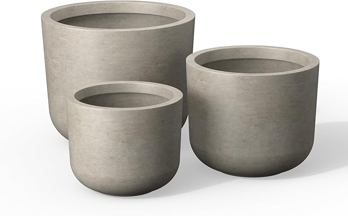 Kante 13",11",9" Dia Weathered Concrete Round Planters (Set of 3), Outdoor Indoor Modern Planter Pots, Lightweight, Weather Resistant, Seamless with Drainage Hole