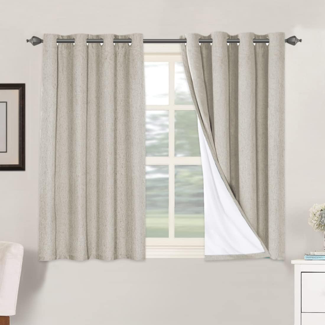 H.VERSAILTEX 100% Blackout Curtains for Bedroom Thermal Insulated Linen Textured Curtains Heat and Full Light Blocking Drapes Living Room Curtains 2 Panel Sets, Cobblestone, 52x45 Inch