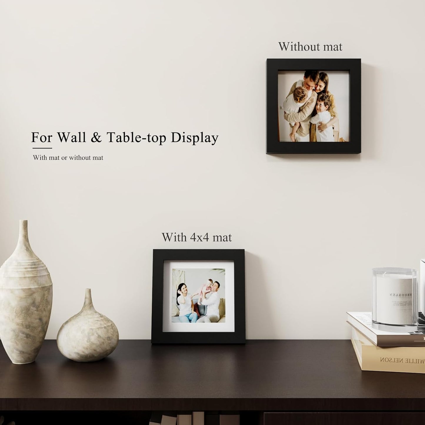 KINLINK 5x5 Picture Frame, Black Square Solid Wood Frames for Pictures 4x4 with Mat or 5x5 without Mat, Wall and Tabletop Display Photo Frames Black 4 Pack