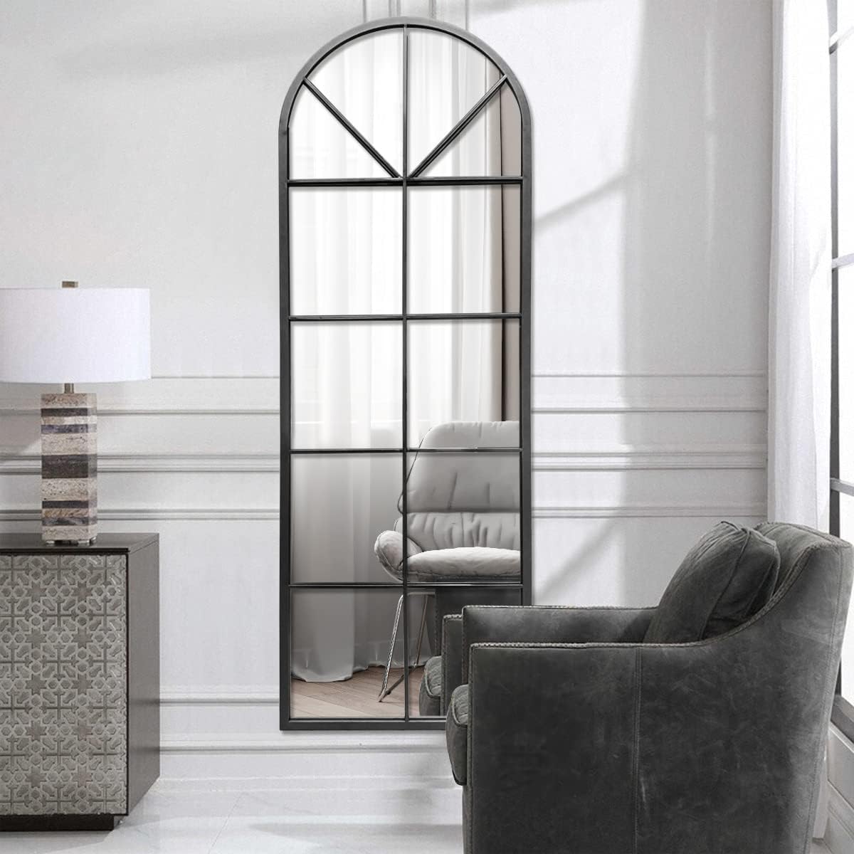 Full Length Mirror, Black Floor Mirror, 64"x21" Arched Window Pane Mirror, Oversize Wall Mirrors, Farmhouse Standing Mirrors with Aluminum Frame Hanging or Leaning for Living Room, No Stand