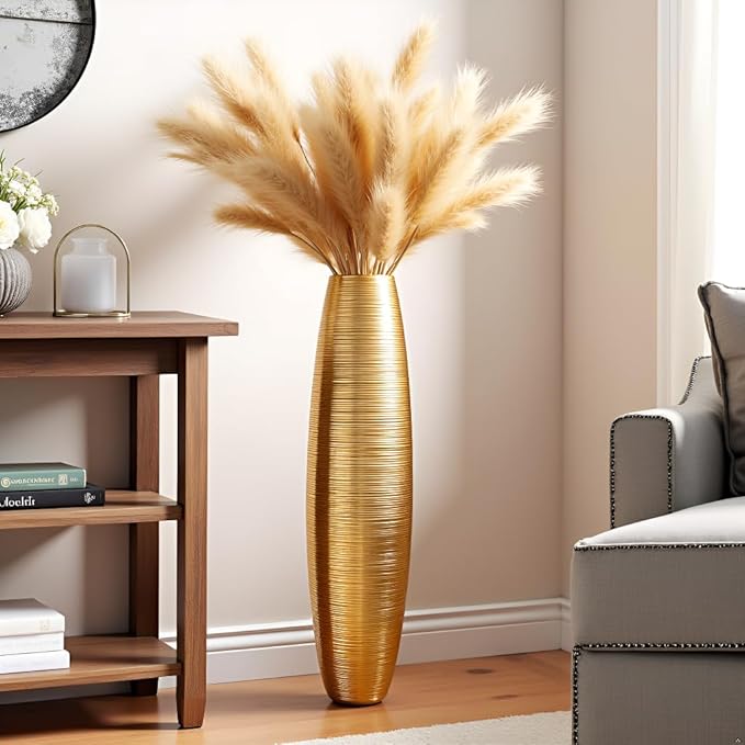 Tall Floor Vase, 27.5 inches (70cm, 2.3FT) Tall Vases Sturdy, Luxury, Textured for Decorative Branches Dried Flowers, Floor Vase for Rustic Living Room, Shelf Decor, Resin Gold