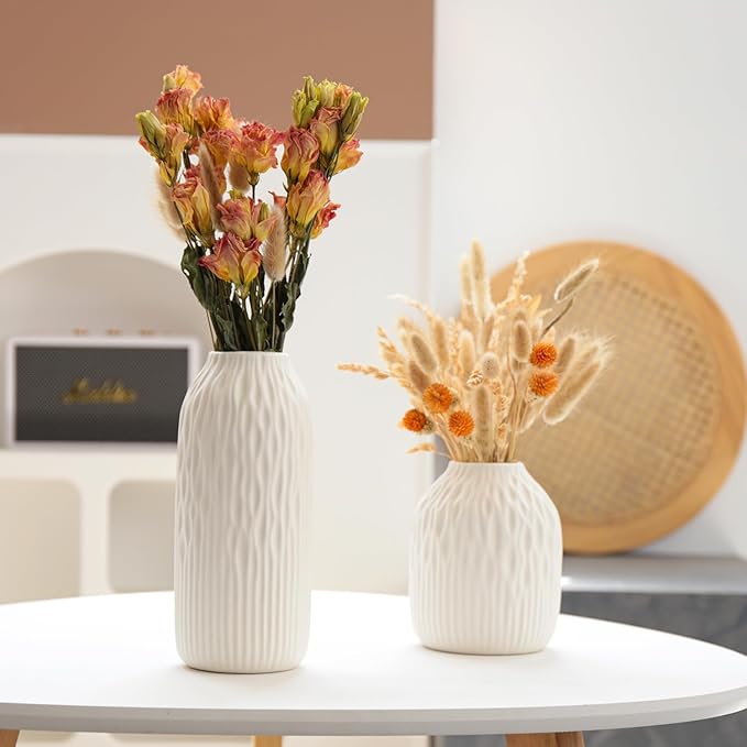 White Ceramic Flower Vase Set of 2, Porcelain Cylindrical Dried Flowers Holder, Decorating for Drawing Room/Table/Study/Office Entryway, Modern Simple Boho Style (White)