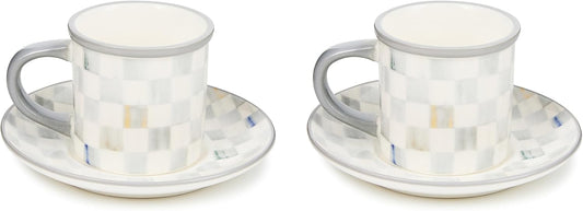 MACKENZIE-CHILDS Set of 2 Stoneware Espresso Cup and Saucer, Cute Coffee Cups, Gray-and-White Sterling Check