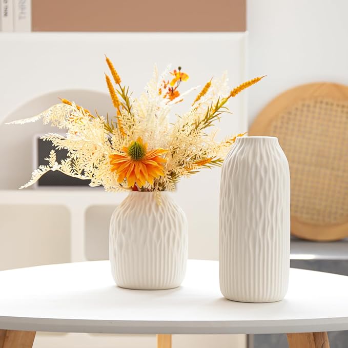 White Ceramic Flower Vase Set of 2, Porcelain Cylindrical Dried Flowers Holder, Decorating for Drawing Room/Table/Study/Office Entryway, Modern Simple Boho Style (White)
