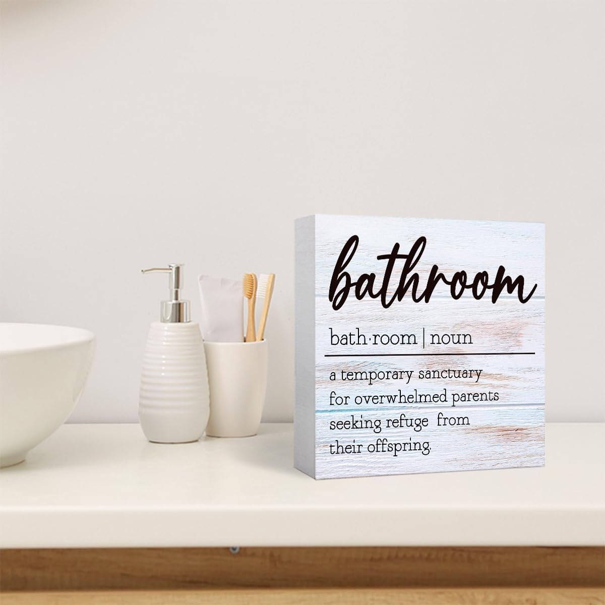 Funny Rustic Grey Wood Sign Bathroom Definition Block for Shelf, Toilet, Restroom, Home Tabletop Desk Decor - Farmhouse Wooden Box Sign