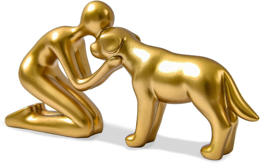 Dog Sculpture Decoration Cute Man and Dog Statue Home Decor for Office、Living Room、Bedroom、Shelf Home， Memory Gifts for Pet Lovers (Golden)
