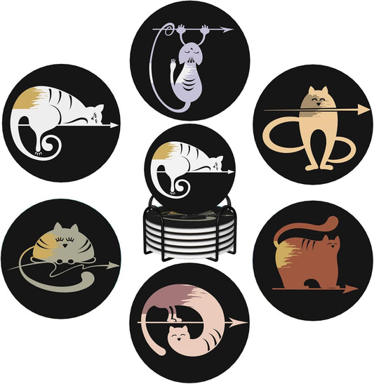 Funny Cat Absorbent Drink Coasters with Holder, Set of 6 Ceramic Coasters with Cork Base for Table Decor