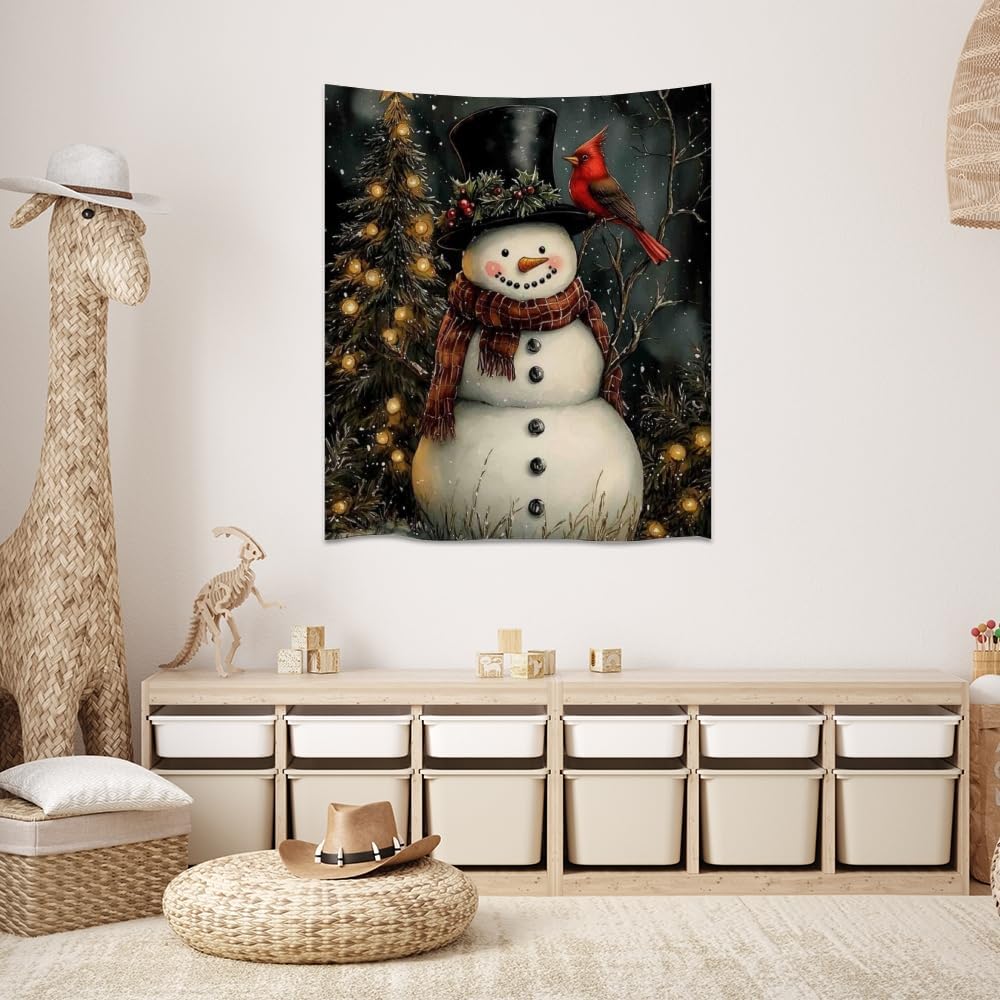 Medpol Christmas Snowman Wall Tapestry Vintage Sparkling Christmas Tree Wall Hanging Winter Cardinal Tapestries for Farmhouse Holiday Decor Apartment Dorm Aesthetic 40x60inch